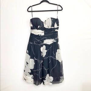 RICKIE Freeman for Teri Jon Black and white floral strapless silk dress